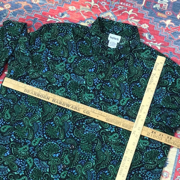 🦚VTG BonWorth Petite Black Teal Paisley Long Sleeve Blouse - Picture 4 of 8